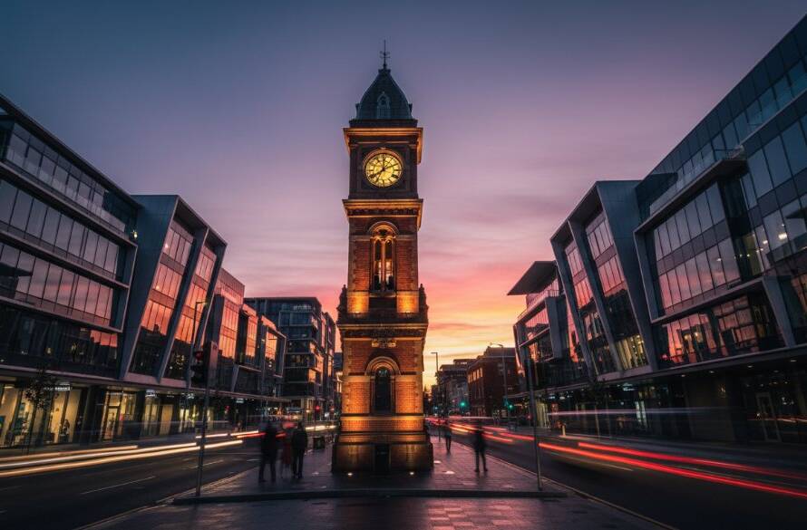 A dramatic, wide-angle shot Capturing Ringwood architectural heritage photography, featuring the historic Ringwood Clock Tower at dawn with golden light illuminating its intricate Victorian details against a softly blurred contemporary streetscape, conveying a sense of timeless elegance.
