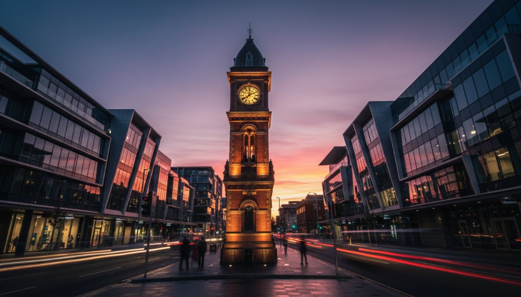 A dramatic, wide-angle shot Capturing Ringwood architectural heritage photography, featuring the historic Ringwood Clock Tower at dawn with golden light illuminating its intricate Victorian details against a softly blurred contemporary streetscape, conveying a sense of timeless elegance.