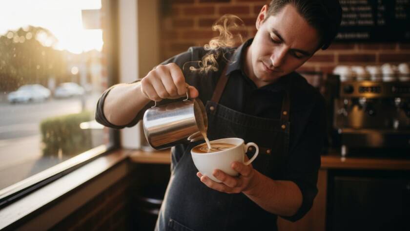 A dynamic, wide-angle shot of a local Ringwood East cafe owner proudly presenting their award-winning coffee, with warm, inviting light spilling from the shopfront onto a bustling street scene, epitomizing Capturing Ringwood East Business Success Commercial Photography.