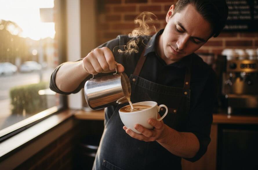 A dynamic, wide-angle shot of a local Ringwood East cafe owner proudly presenting their award-winning coffee, with warm, inviting light spilling from the shopfront onto a bustling street scene, epitomizing Capturing Ringwood East Business Success Commercial Photography.