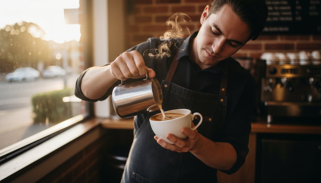 A dynamic, wide-angle shot of a local Ringwood East cafe owner proudly presenting their award-winning coffee, with warm, inviting light spilling from the shopfront onto a bustling street scene, epitomizing Capturing Ringwood East Business Success Commercial Photography.