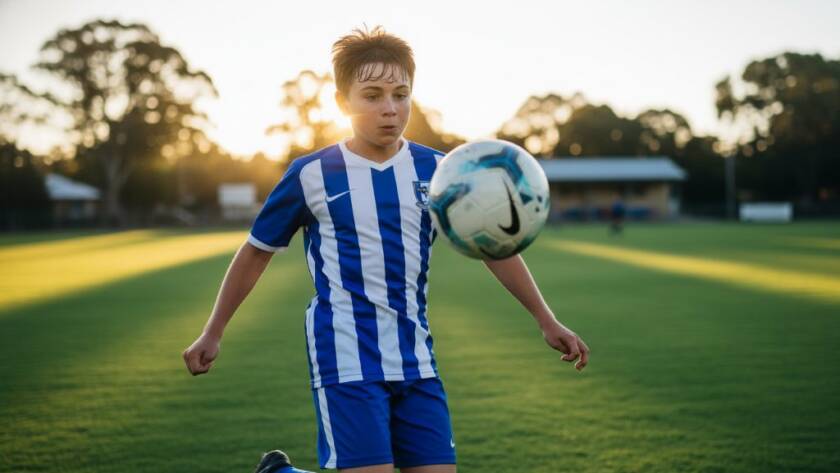 Dynamic shot of a young athlete in Ringwood East, Victoria, mid-action during a junior sports game, bathed in dramatic sunset lighting, expertly capturing Ringwood East Junior Sports Action Photography.