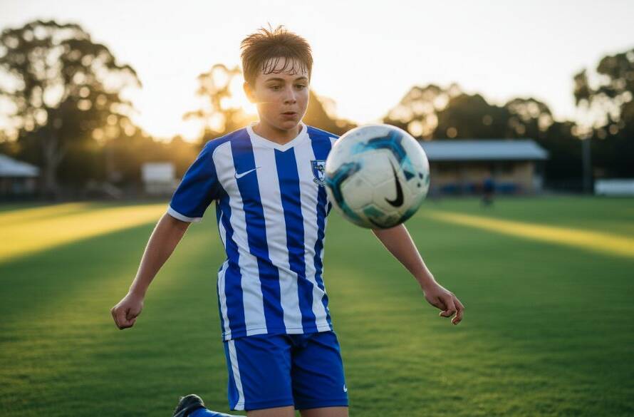 Dynamic shot of a young athlete in Ringwood East, Victoria, mid-action during a junior sports game, bathed in dramatic sunset lighting, expertly capturing Ringwood East Junior Sports Action Photography.