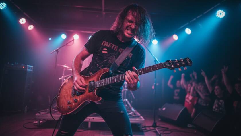 Dynamic wide shot of a band performing on stage at a local venue in Ringwood East, Victoria, with colourful stage lights illuminating the lead singer mid-song, perfectly capturing Ringwood East's live music soul and the electric atmosphere of a concert.