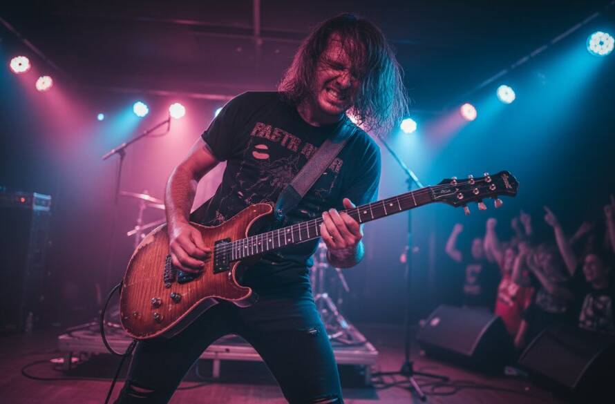 Dynamic wide shot of a band performing on stage at a local venue in Ringwood East, Victoria, with colourful stage lights illuminating the lead singer mid-song, perfectly capturing Ringwood East's live music soul and the electric atmosphere of a concert.