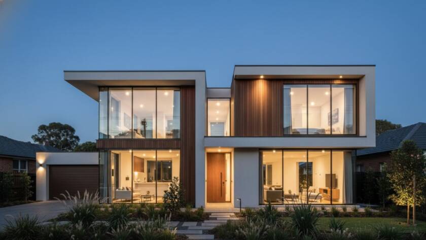 A dramatic wide-angle shot capturing Ringwood East's modern architectural beauty at dusk, highlighting a sleek, contemporary building with warm interior lights contrasting against a deep blue sky, taken with professional lighting and colour grading.