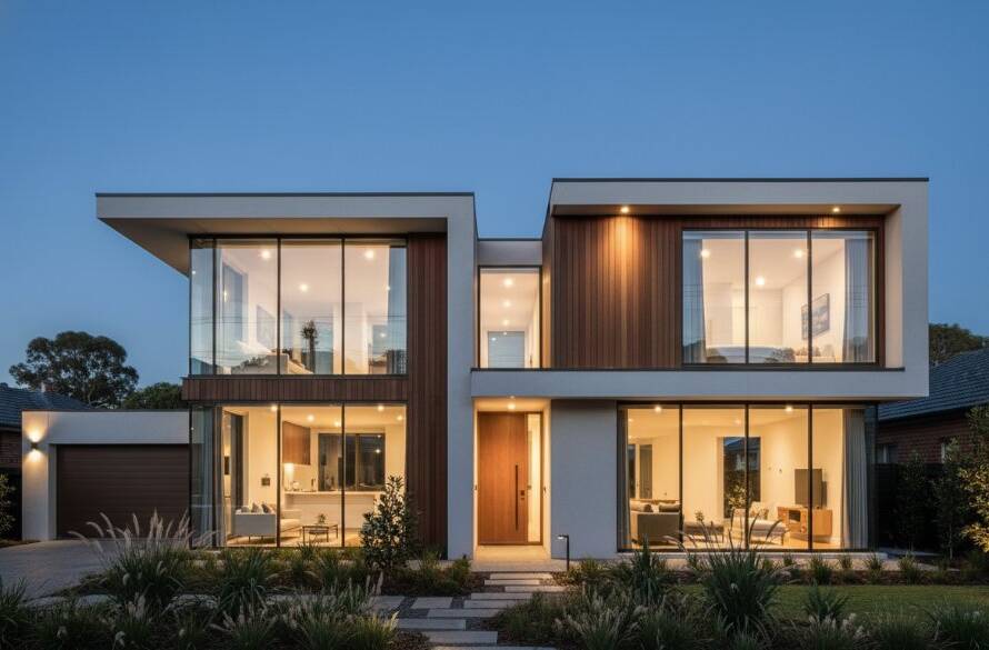 A dramatic wide-angle shot capturing Ringwood East's modern architectural beauty at dusk, highlighting a sleek, contemporary building with warm interior lights contrasting against a deep blue sky, taken with professional lighting and colour grading.