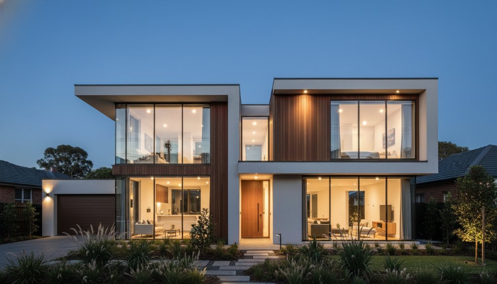 A dramatic wide-angle shot capturing Ringwood East's modern architectural beauty at dusk, highlighting a sleek, contemporary building with warm interior lights contrasting against a deep blue sky, taken with professional lighting and colour grading.