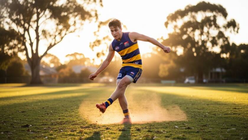 Dramatic close-up of a triumphant young Australian rules footballer celebrating a winning goal at a local Ringwood oval, mud on their face, arms raised in victory, bathed in golden hour light, perfectly illustrating capturing Ringwood local sports hero moments.