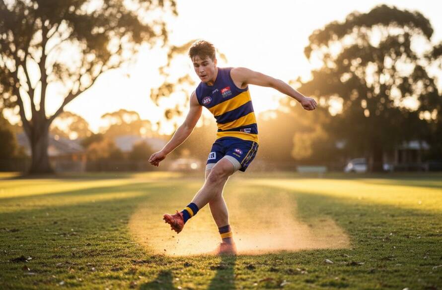 Dramatic close-up of a triumphant young Australian rules footballer celebrating a winning goal at a local Ringwood oval, mud on their face, arms raised in victory, bathed in golden hour light, perfectly illustrating capturing Ringwood local sports hero moments.