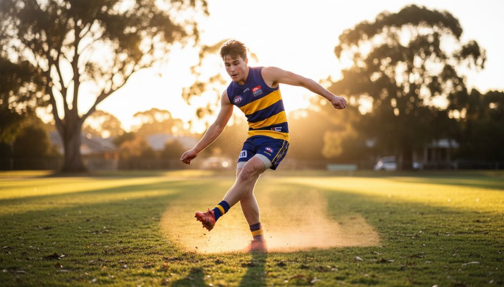 Dramatic close-up of a triumphant young Australian rules footballer celebrating a winning goal at a local Ringwood oval, mud on their face, arms raised in victory, bathed in golden hour light, perfectly illustrating capturing Ringwood local sports hero moments.