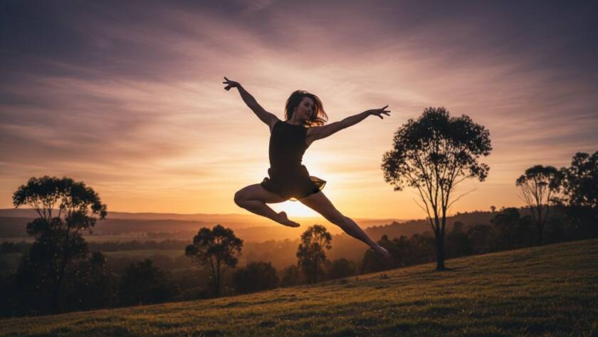 A powerful and emotionally charged photograph capturing Ringwood North dance artistry, featuring a contemporary dancer mid-leap against a dramatic sunset over Ringwood North, showcasing their incredible strength and grace.