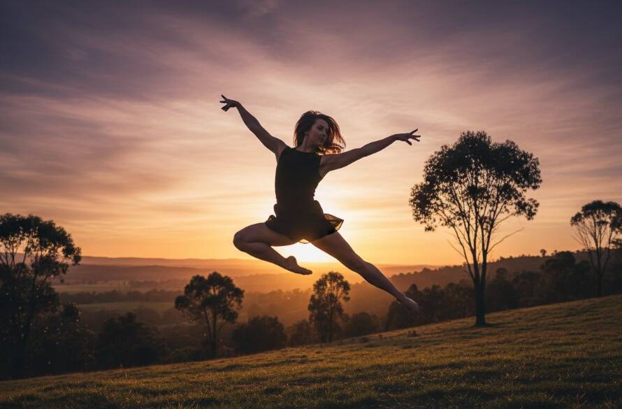 A powerful and emotionally charged photograph capturing Ringwood North dance artistry, featuring a contemporary dancer mid-leap against a dramatic sunset over Ringwood North, showcasing their incredible strength and grace.