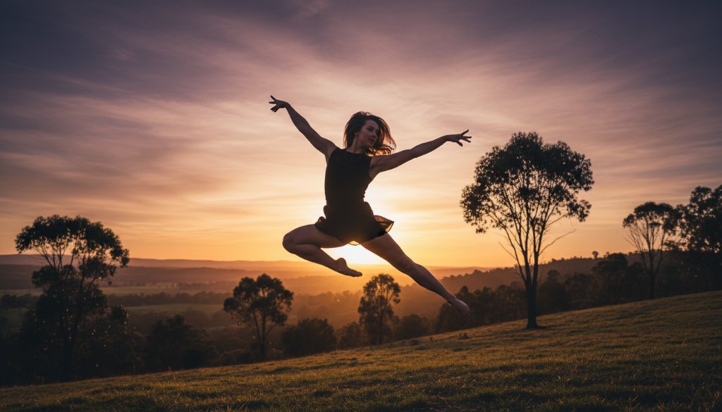 A powerful and emotionally charged photograph capturing Ringwood North dance artistry, featuring a contemporary dancer mid-leap against a dramatic sunset over Ringwood North, showcasing their incredible strength and grace.