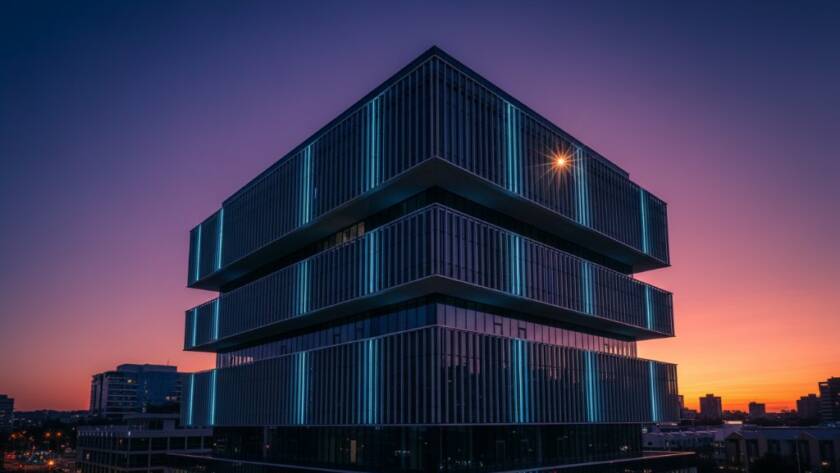 Dynamic, cinematic wide shot showcasing the unique modern design and vibrant evening lights of a commercial building in Ringwood, Victoria at dusk, emphasizing the intricate glass facades and the rich interplay of light and shadow, perfectly illustrating capturing Ringwood Victoria's architectural essence.
