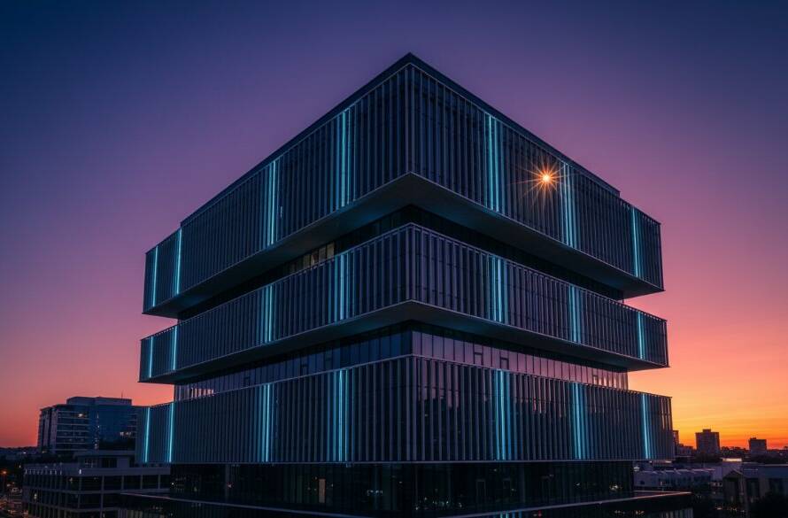 Dynamic, cinematic wide shot showcasing the unique modern design and vibrant evening lights of a commercial building in Ringwood, Victoria at dusk, emphasizing the intricate glass facades and the rich interplay of light and shadow, perfectly illustrating capturing Ringwood Victoria's architectural essence.