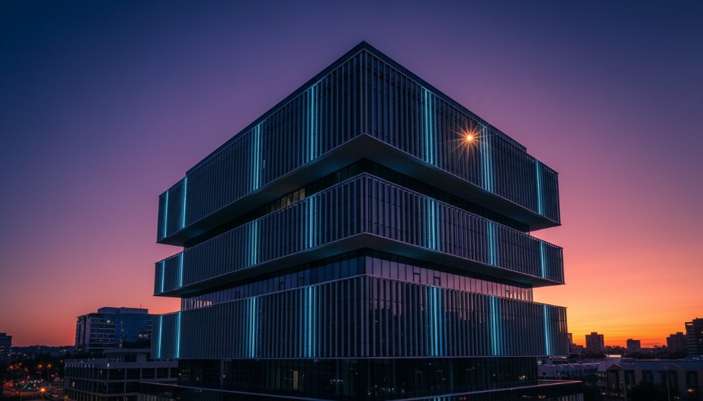 Dynamic, cinematic wide shot showcasing the unique modern design and vibrant evening lights of a commercial building in Ringwood, Victoria at dusk, emphasizing the intricate glass facades and the rich interplay of light and shadow, perfectly illustrating capturing Ringwood Victoria's architectural essence.