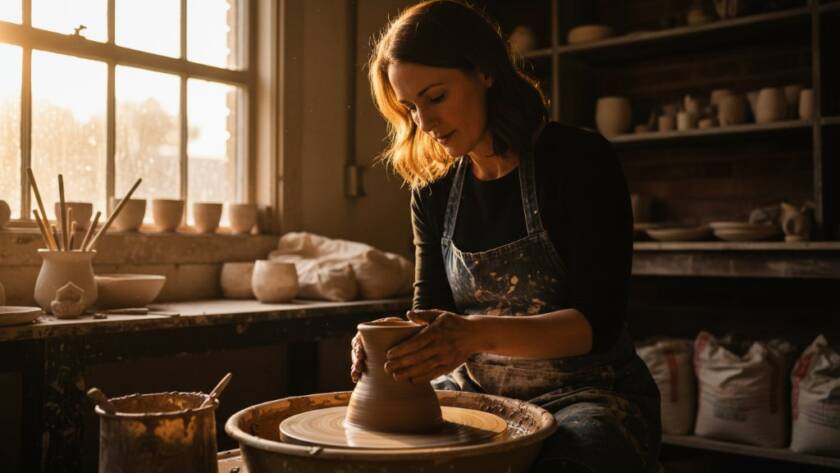 Dynamic editorial photograph capturing Ringwood's vibrant stories through editorial photography, showing a local artisan intensely focused on their craft in a sunlit workshop, with dramatic natural light highlighting intricate details and a sense of passionate dedication.