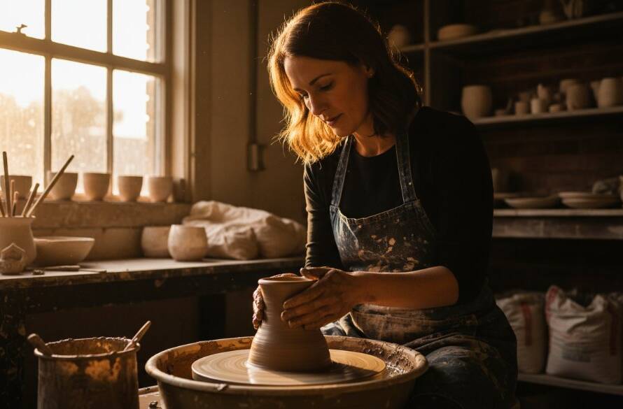 Dynamic editorial photograph capturing Ringwood's vibrant stories through editorial photography, showing a local artisan intensely focused on their craft in a sunlit workshop, with dramatic natural light highlighting intricate details and a sense of passionate dedication.