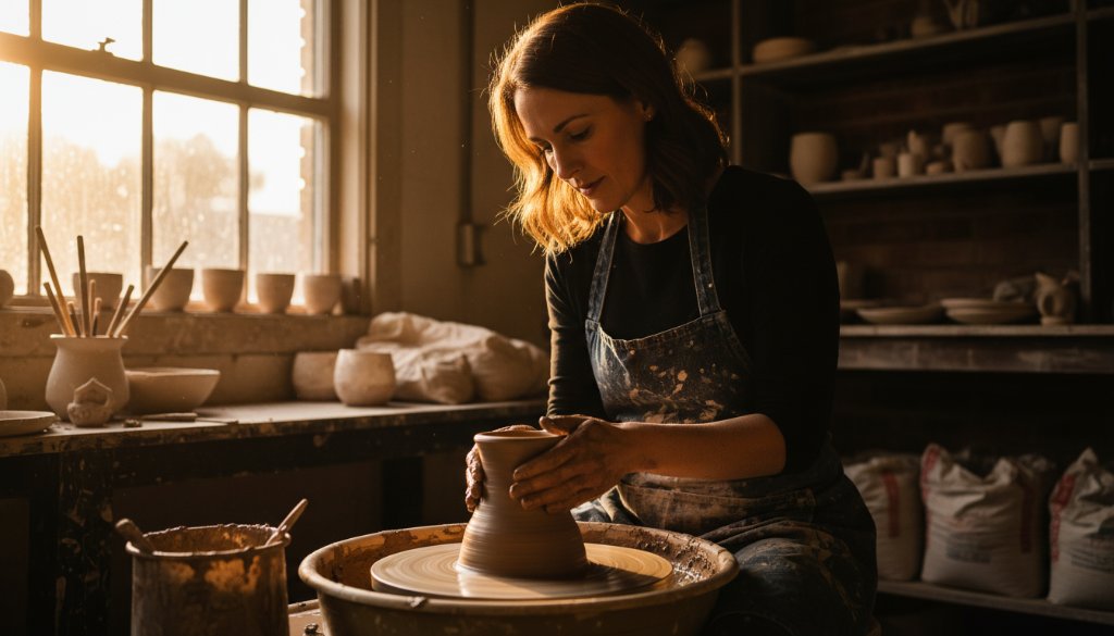 Dynamic editorial photograph capturing Ringwood's vibrant stories through editorial photography, showing a local artisan intensely focused on their craft in a sunlit workshop, with dramatic natural light highlighting intricate details and a sense of passionate dedication.