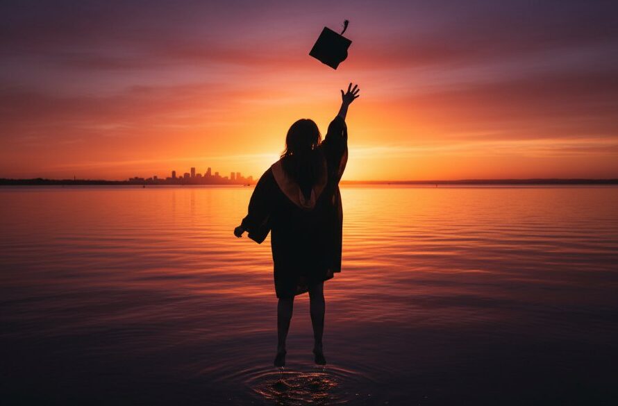 A jubilant graduate, cap thrown high against the vibrant sunset over Corio Bay, perfectly illustrating capturing Rippleside graduation joy along Corio Bay with an epic, professionally color-graded wide shot.
