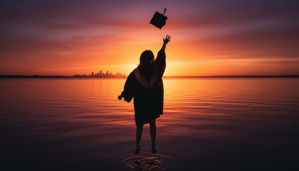 A jubilant graduate, cap thrown high against the vibrant sunset over Corio Bay, perfectly illustrating capturing Rippleside graduation joy along Corio Bay with an epic, professionally color-graded wide shot.