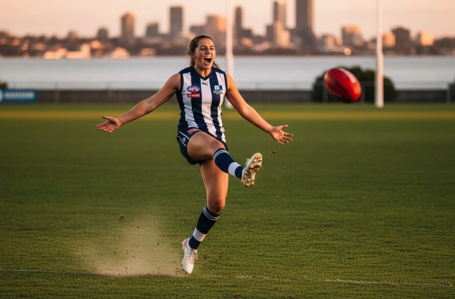 A triumphant young athlete mid-air, having just scored, with the vibrant Rippleside foreshore and Corio Bay in the background, expertly capturing Rippleside sports photography dynamic moments with dramatic, golden hour lighting.
