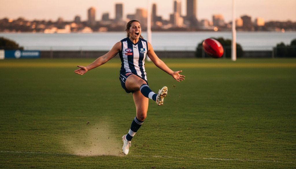 A triumphant young athlete mid-air, having just scored, with the vibrant Rippleside foreshore and Corio Bay in the background, expertly capturing Rippleside sports photography dynamic moments with dramatic, golden hour lighting.