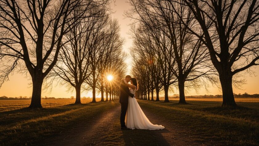 An emotionally resonant, wide-angle photograph capturing a newlywed couple's joyful embrace under the dramatic golden hour light, with the iconic Bacchus Marsh Avenue of Honour in the background, symbolising the start of their journey together. This is a perfect example of capturing romantic Bacchus Marsh wedding photography moments.
