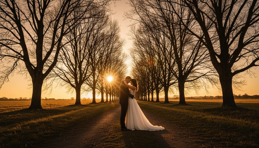 An emotionally resonant, wide-angle photograph capturing a newlywed couple's joyful embrace under the dramatic golden hour light, with the iconic Bacchus Marsh Avenue of Honour in the background, symbolising the start of their journey together. This is a perfect example of capturing romantic Bacchus Marsh wedding photography moments.