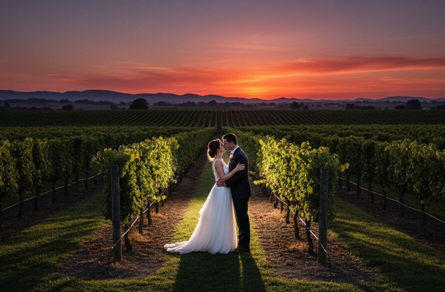 A stunning wide shot of a newly married couple embracing at sunset amidst a vibrant vineyard in Gisborne, Victoria, Australia, perfectly capturing romantic Gisborne vineyard wedding moments with dramatic golden hour lighting and a professional, cinematic feel.