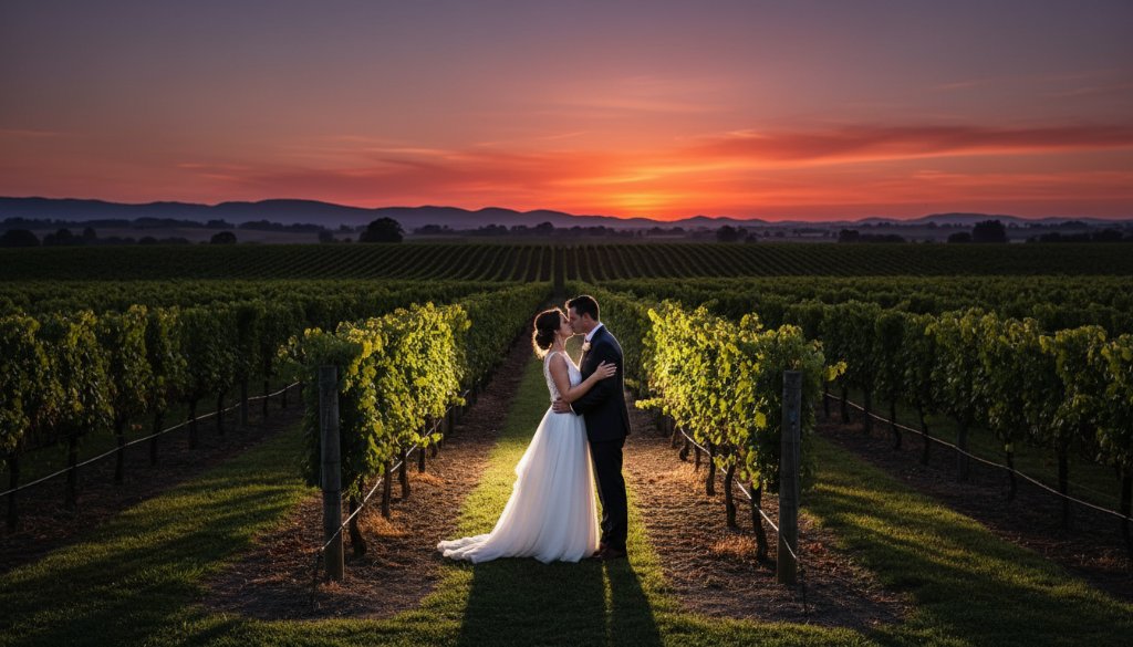 A stunning wide shot of a newly married couple embracing at sunset amidst a vibrant vineyard in Gisborne, Victoria, Australia, perfectly capturing romantic Gisborne vineyard wedding moments with dramatic golden hour lighting and a professional, cinematic feel.