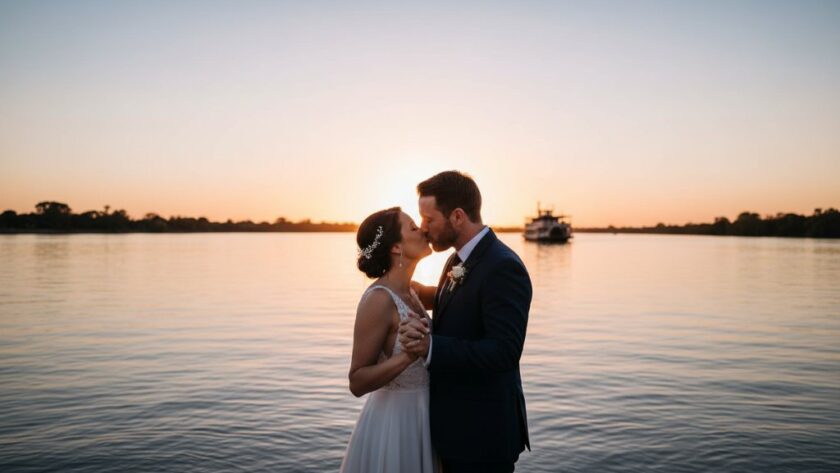 An epic moment of a newlywed couple embracing passionately at sunset on the banks of the Murray River in Mildura, with golden light reflecting off the water, perfectly illustrating Capturing Romantic Mildura Riverfront Wedding Moments.