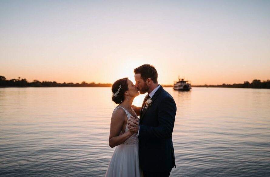 An epic moment of a newlywed couple embracing passionately at sunset on the banks of the Murray River in Mildura, with golden light reflecting off the water, perfectly illustrating Capturing Romantic Mildura Riverfront Wedding Moments.