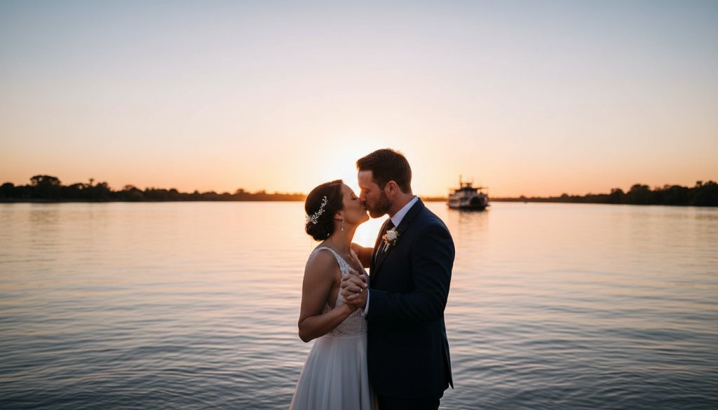 An epic moment of a newlywed couple embracing passionately at sunset on the banks of the Murray River in Mildura, with golden light reflecting off the water, perfectly illustrating Capturing Romantic Mildura Riverfront Wedding Moments.