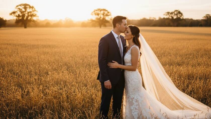 A breathtaking wide shot of a newly married couple sharing a tender kiss at sunset in a picturesque Rowville park, bathed in golden hour light, expertly capturing romantic Rowville wedding photos with elegance and dramatic flair.