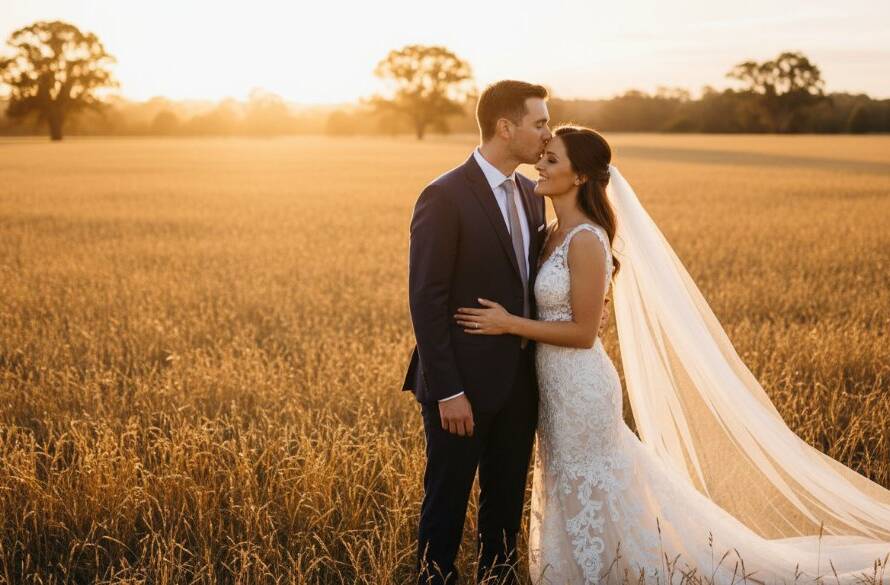 A breathtaking wide shot of a newly married couple sharing a tender kiss at sunset in a picturesque Rowville park, bathed in golden hour light, expertly capturing romantic Rowville wedding photos with elegance and dramatic flair.