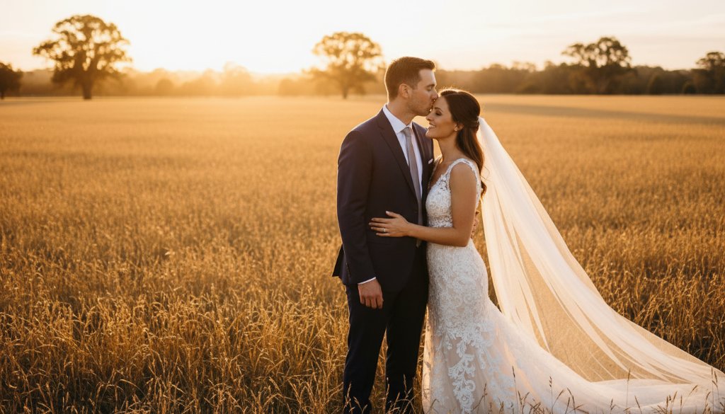 A breathtaking wide shot of a newly married couple sharing a tender kiss at sunset in a picturesque Rowville park, bathed in golden hour light, expertly capturing romantic Rowville wedding photos with elegance and dramatic flair.