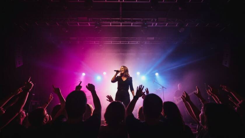 An electrifying close-up shot of a lead guitarist mid-solo on stage in a lively Rowville venue, bathed in dramatic magenta and blue stage lights, expertly showcasing the raw energy and talent, epitomizing the magic of Capturing Rowville Live Music Photography Magic.