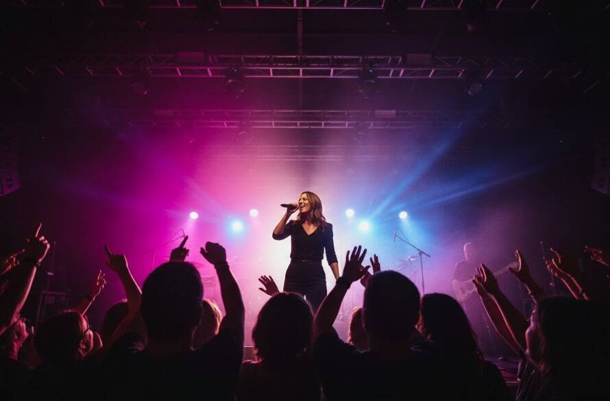 An electrifying close-up shot of a lead guitarist mid-solo on stage in a lively Rowville venue, bathed in dramatic magenta and blue stage lights, expertly showcasing the raw energy and talent, epitomizing the magic of Capturing Rowville Live Music Photography Magic.