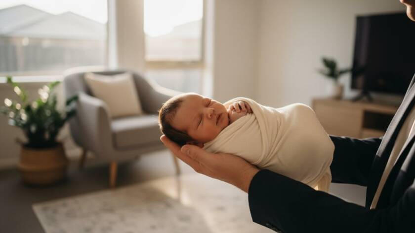 A tender, cinematic wide shot of a newborn baby swaddled in soft cream fabric, held gently in a parent's arms, with the warm glow of a morning sunbeam highlighting their tiny features, capturing Rowville newborn magic moments in a serene home setting, professionally color-graded.
