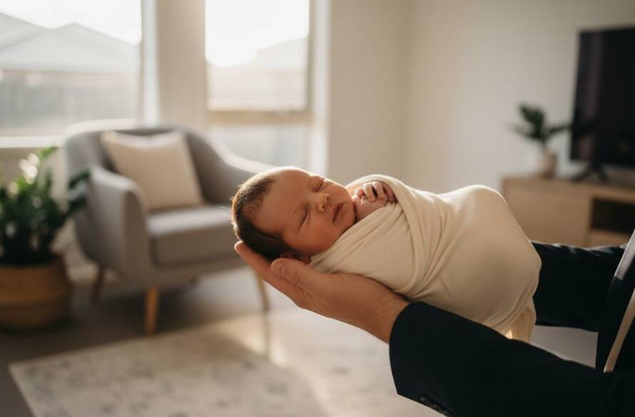 A tender, cinematic wide shot of a newborn baby swaddled in soft cream fabric, held gently in a parent's arms, with the warm glow of a morning sunbeam highlighting their tiny features, capturing Rowville newborn magic moments in a serene home setting, professionally color-graded.