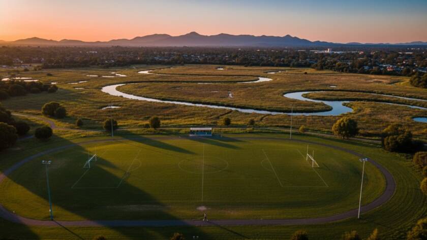 A stunning aerial view showcasing capturing Rowville's scenic beauty with drone photography, with golden hour light illuminating Llewellyn Park and surrounding natural landscapes, creating an epic, professional, and color-graded cinematic photograph.