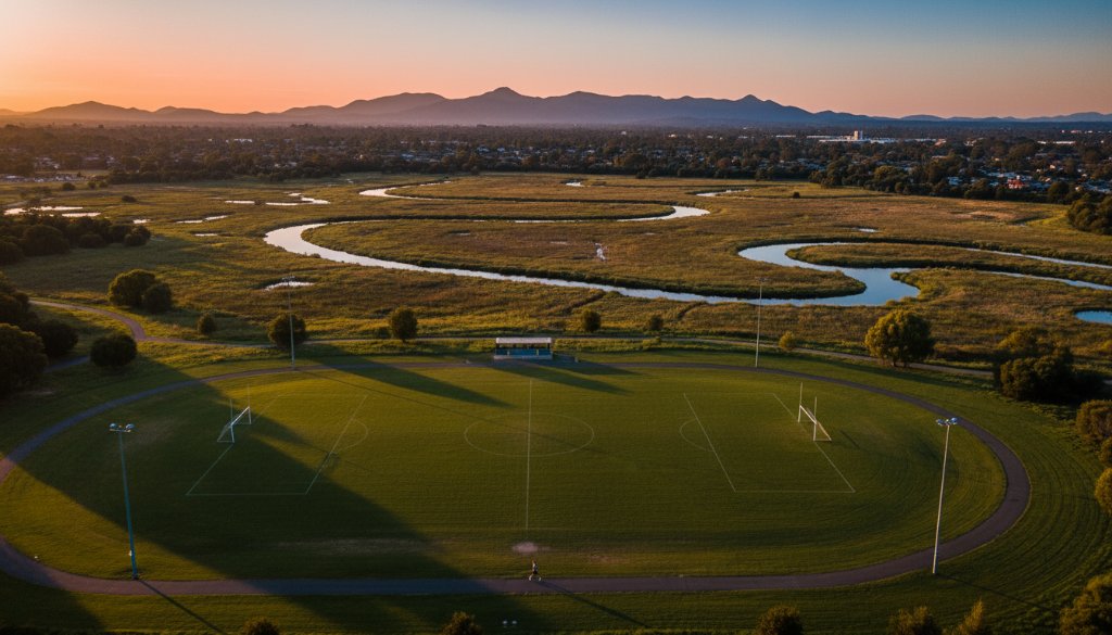 A stunning aerial view showcasing capturing Rowville's scenic beauty with drone photography, with golden hour light illuminating Llewellyn Park and surrounding natural landscapes, creating an epic, professional, and color-graded cinematic photograph.