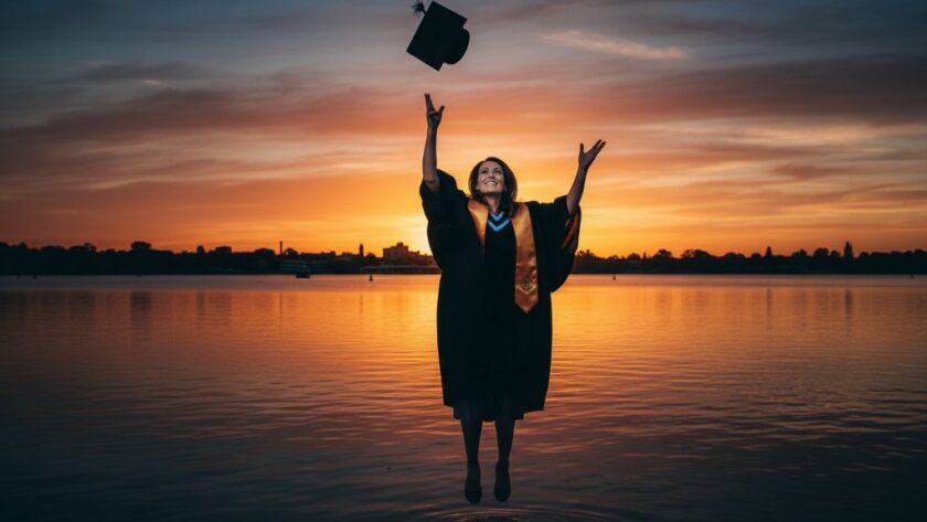 An emotionally resonant and dramatic close-up photograph of a proud university graduate in Sale, Victoria, tossing their cap in the air with the sun setting behind them over Lake Guthridge, their face beaming with joy and achievement. The lighting is golden hour, professionally colour graded, cinematic and vibrant.