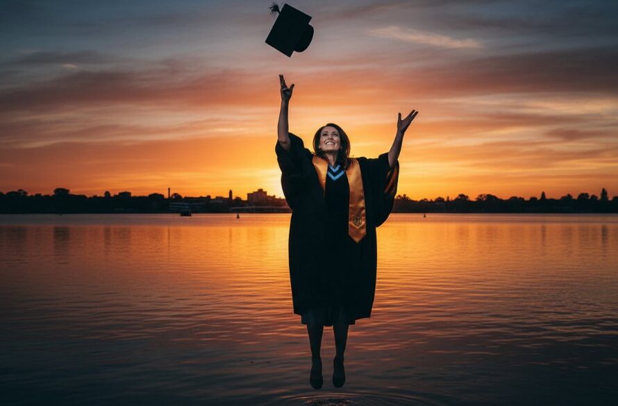 An emotionally resonant and dramatic close-up photograph of a proud university graduate in Sale, Victoria, tossing their cap in the air with the sun setting behind them over Lake Guthridge, their face beaming with joy and achievement. The lighting is golden hour, professionally colour graded, cinematic and vibrant.