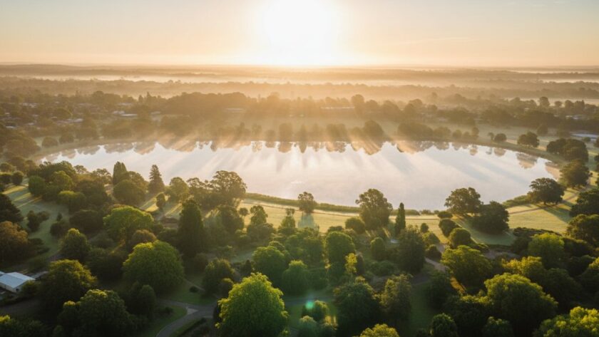 Dramatic aerial photograph of the Sale Botanic Gardens at sunrise, with vibrant colours and mist, showcasing the majestic scale and natural beauty that comes from Capturing Sale Victoria's Aerial Grandeur with Drone Photography.