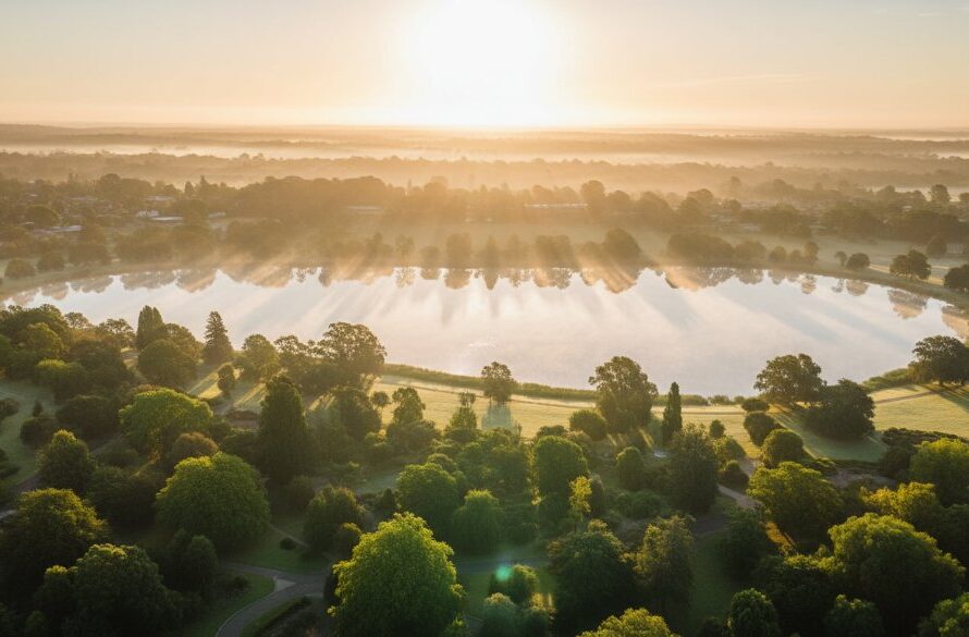 Dramatic aerial photograph of the Sale Botanic Gardens at sunrise, with vibrant colours and mist, showcasing the majestic scale and natural beauty that comes from Capturing Sale Victoria's Aerial Grandeur with Drone Photography.