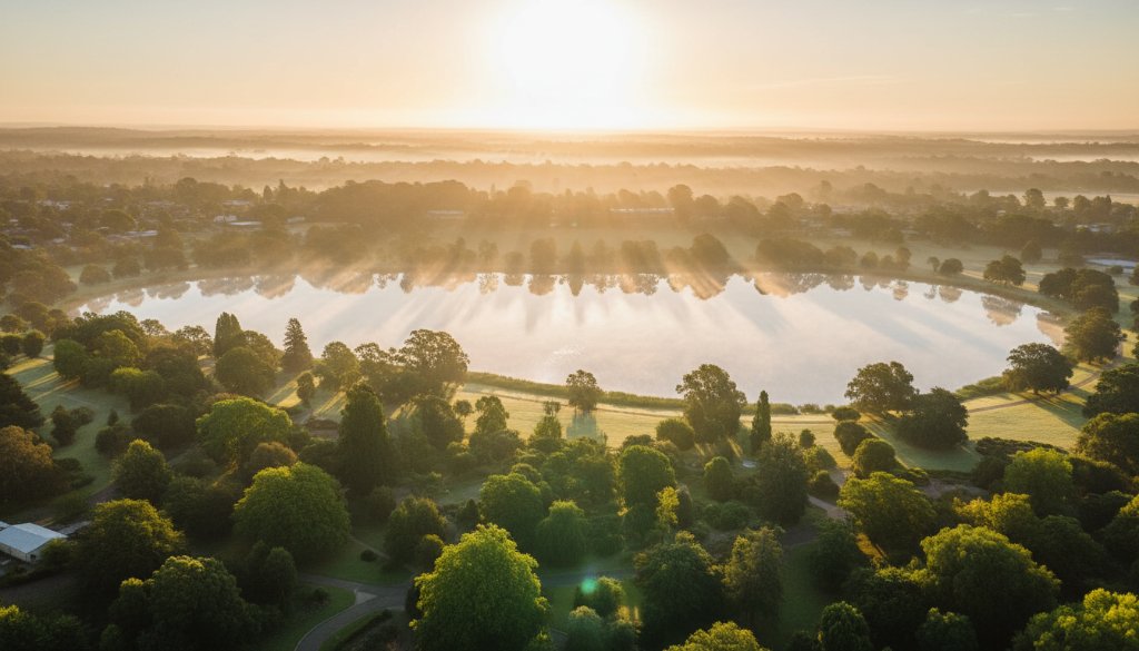 Dramatic aerial photograph of the Sale Botanic Gardens at sunrise, with vibrant colours and mist, showcasing the majestic scale and natural beauty that comes from Capturing Sale Victoria's Aerial Grandeur with Drone Photography.