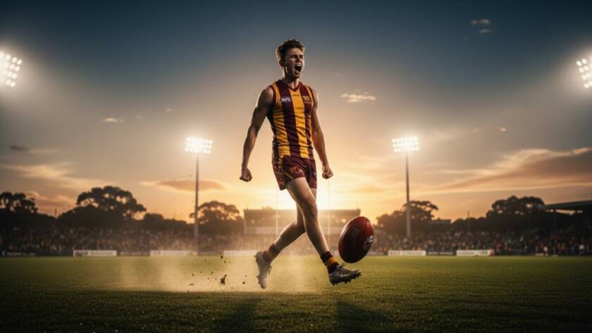 A professional photograph capturing Sandhurst sports photography excellence, featuring a young athlete scoring a goal with dynamic action, dramatic stadium lighting, and a cheering crowd in the background at a local Sandhurst sporting ground.